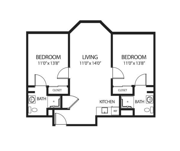 Two-bedroom apartment floorplan with living room, two bathrooms and kitchen at a senior living community in Springfield, Massachusetts.