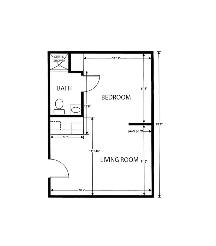 One-bedroom apartment floorplan with living room, bathroom and large closet at a senior living facility in Columbus, Ohio.