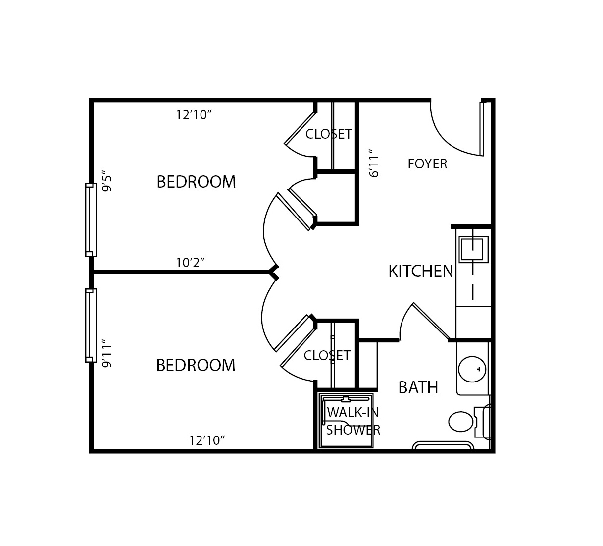 Two-bedroom apartment floor plan with two closets, a bathroom and kitchenette at a senior living community in Hamilton, Ohio