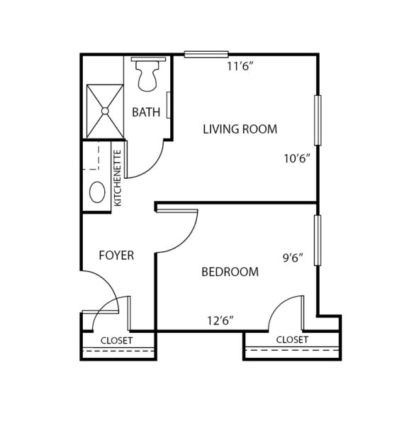 One-bedroom apartment floorplan with living room, bathroom and kitchenette at a senior living community in Shaker Heights, Ohio.