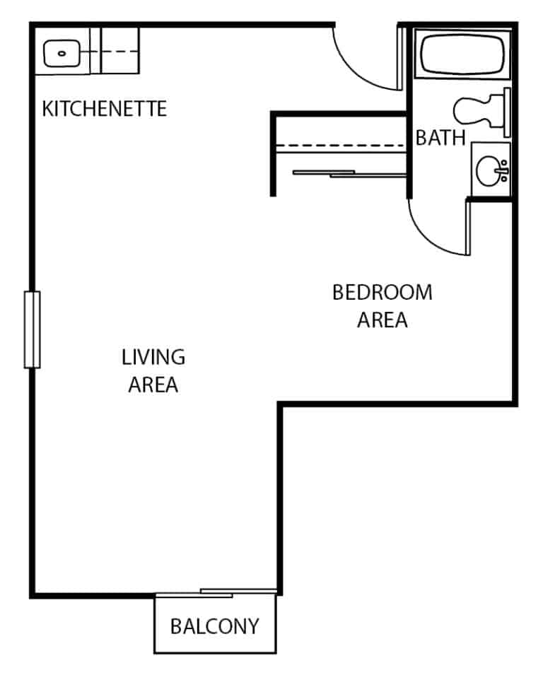 Senior living one-bedroom apartment floor plan in Santa Barbara, California.