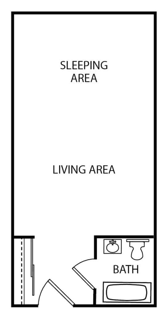 Senior living studio apartment floor plan in Santa Barbara, California.