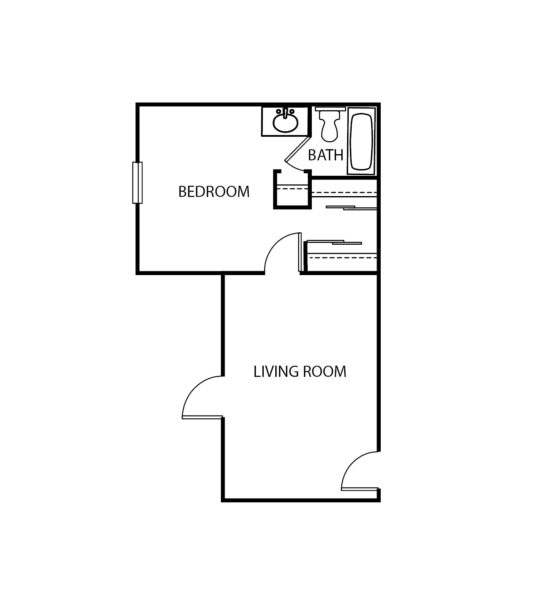 One-bedroom apartment with living room, bathroom and large closet at a senior living facility in Santa Barbara, California.