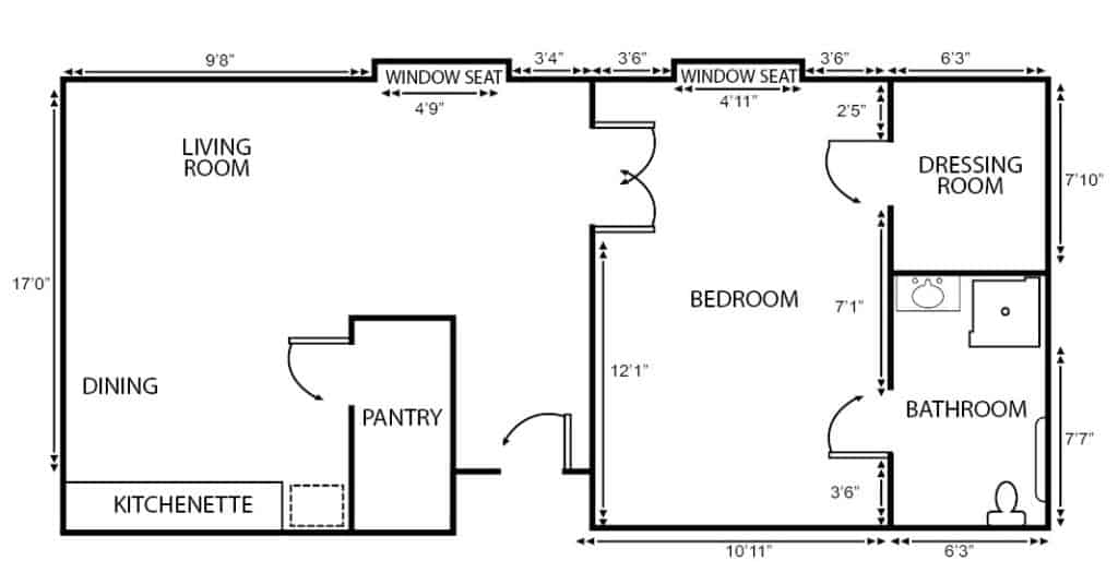 Assisted living one-bedroom, one-bathroom apartment floor plan in St. Joseph, Missouri.