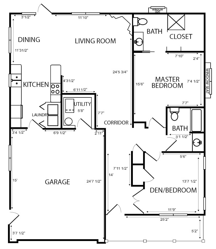 villa floor plan includes garage, two bedrooms, two bathrooms, kitchen and living room