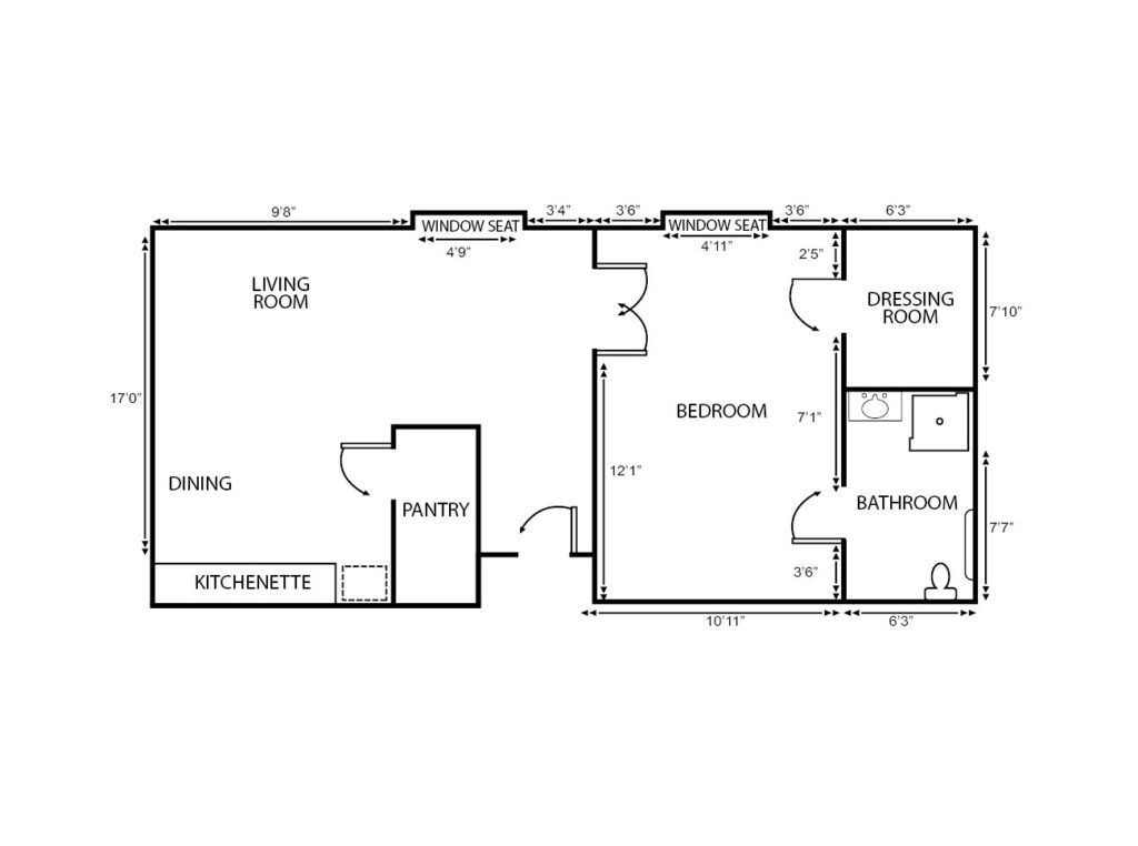 One-bedroom apartment floorplan with living room, bathroom and kitchenette at a senior living community in St. Joseph, Missouri.