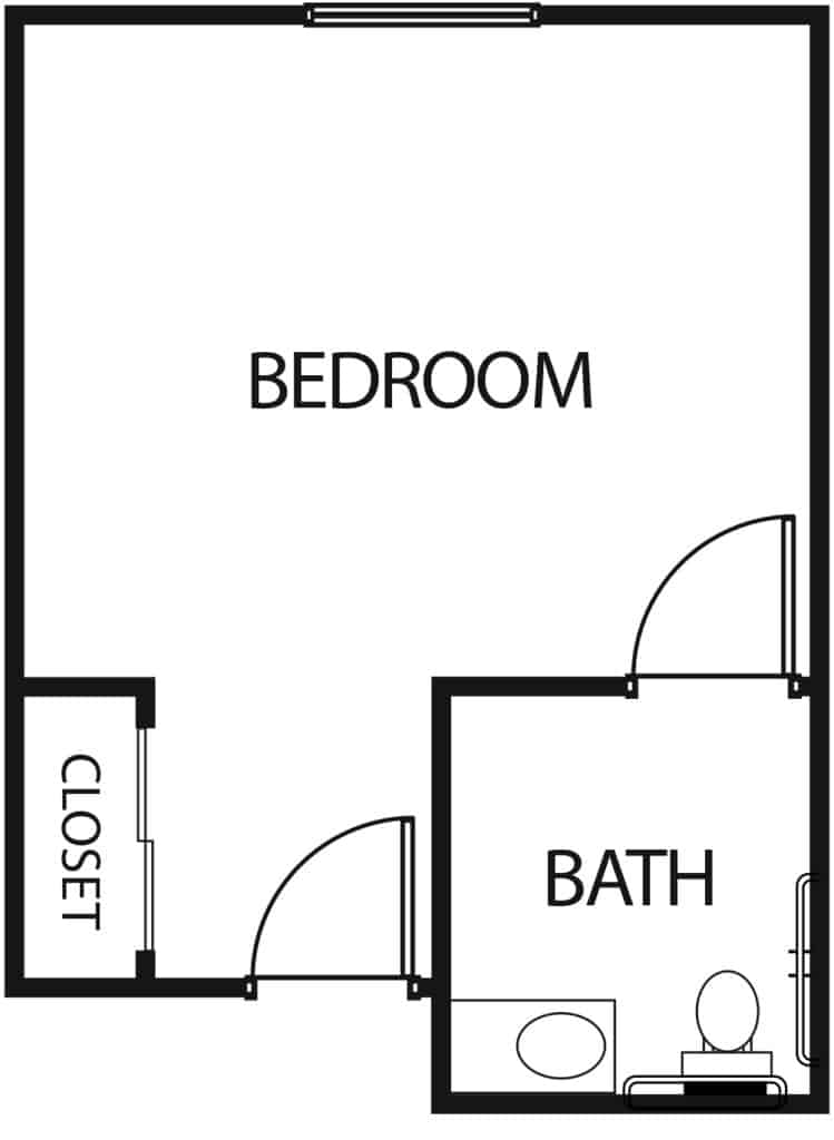 Studio apartment with a bathroom and walk-in closet at a senior living facility in Baytown, Texas.