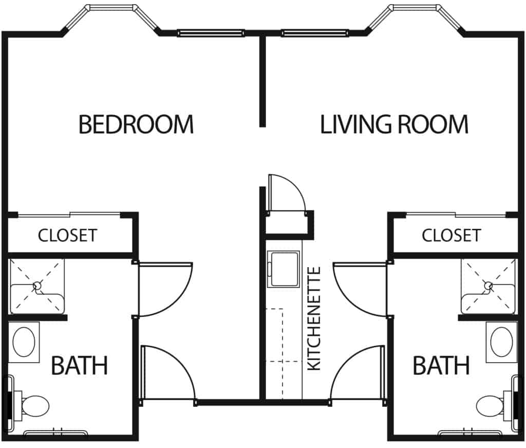 One-bedroom apartment with two bathrooms, living room and kitchenette at senior living facility in Baytown, Texas.