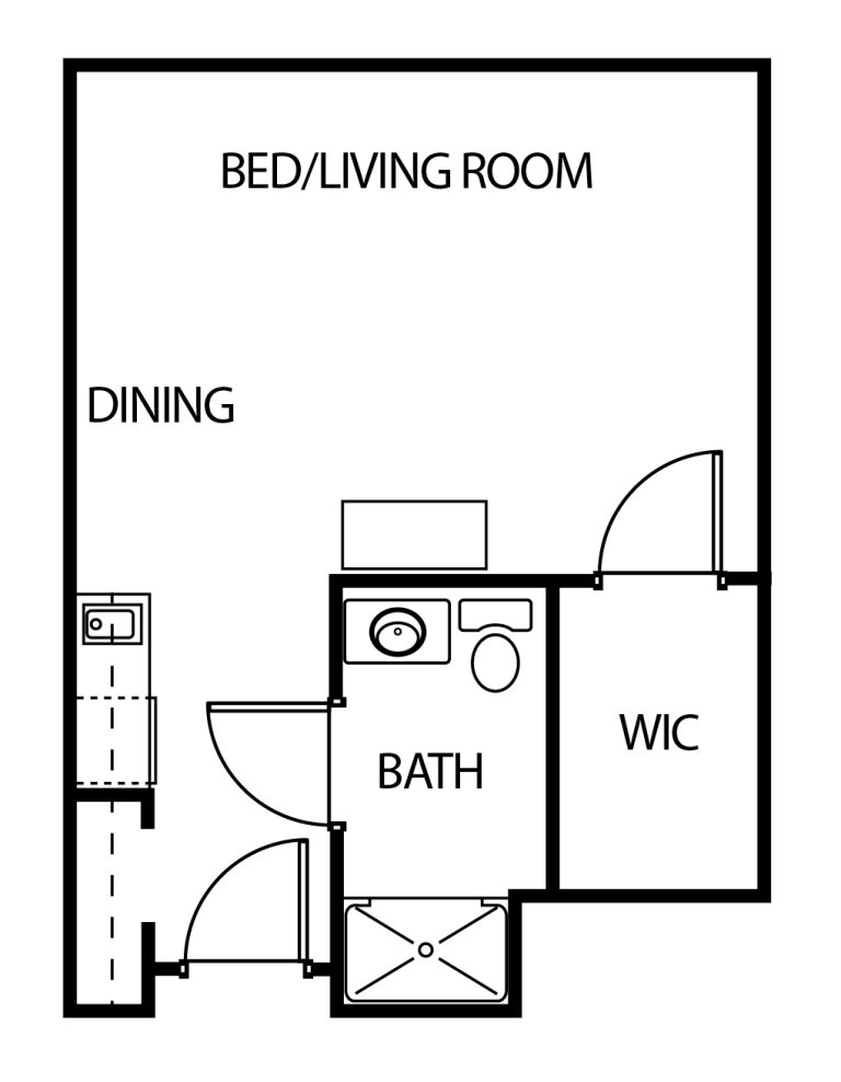 Independent living studio apartment floor plan in Fort Worth, Texas.