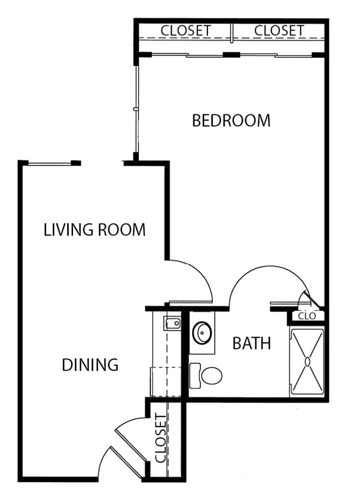 one-bedroom apartment with living room, bathroom and kitchenette