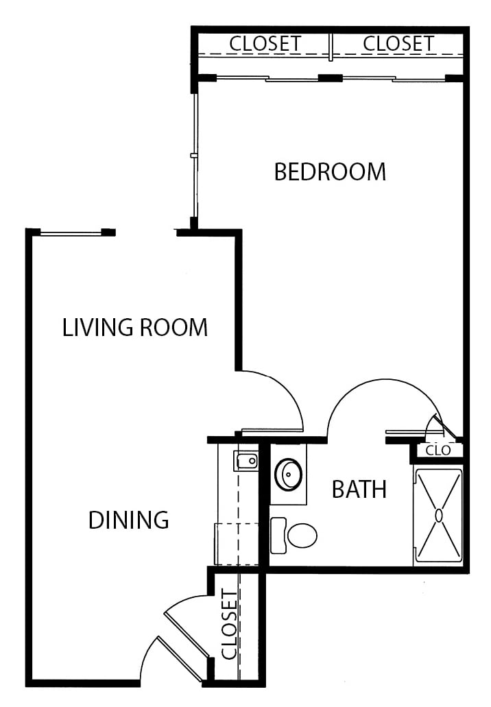 one-bedroom apartment with living room, bathroom and kitchenette