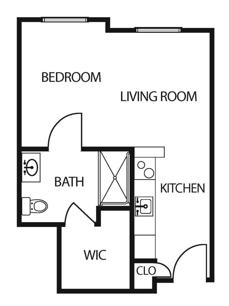 studio apartment with a combined living and bedroom, bathroom, walk-in closet and kitchen