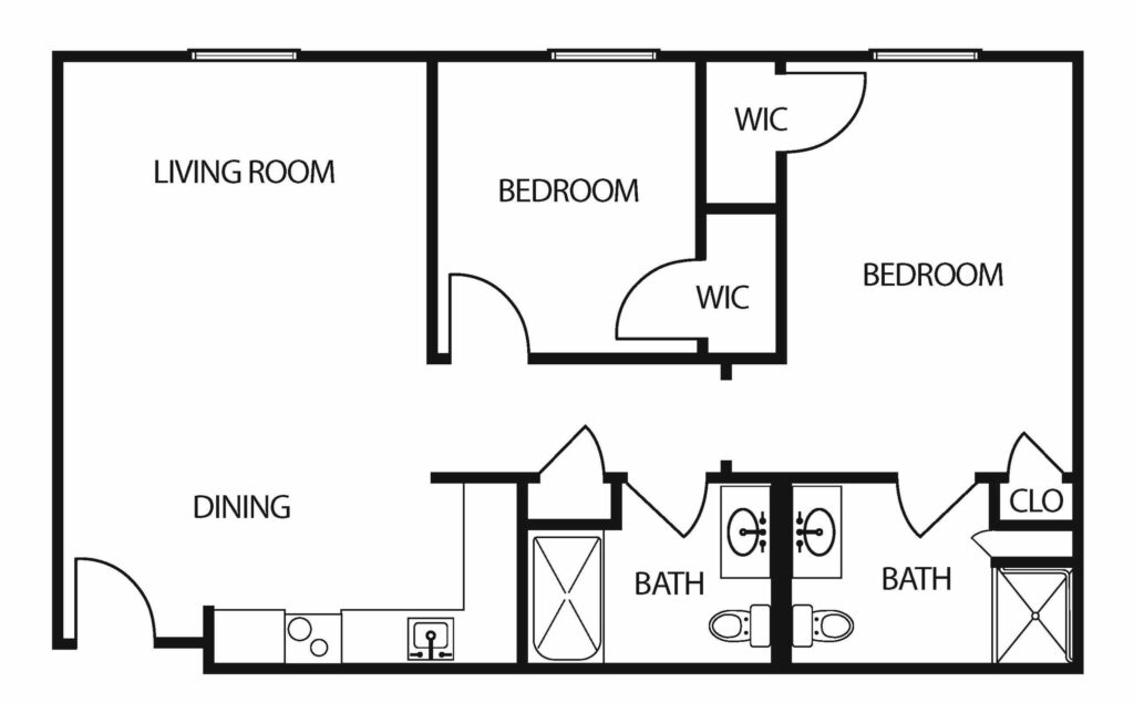two bedroom apartment with two bathrooms, dining room, living room, and walk-in closets