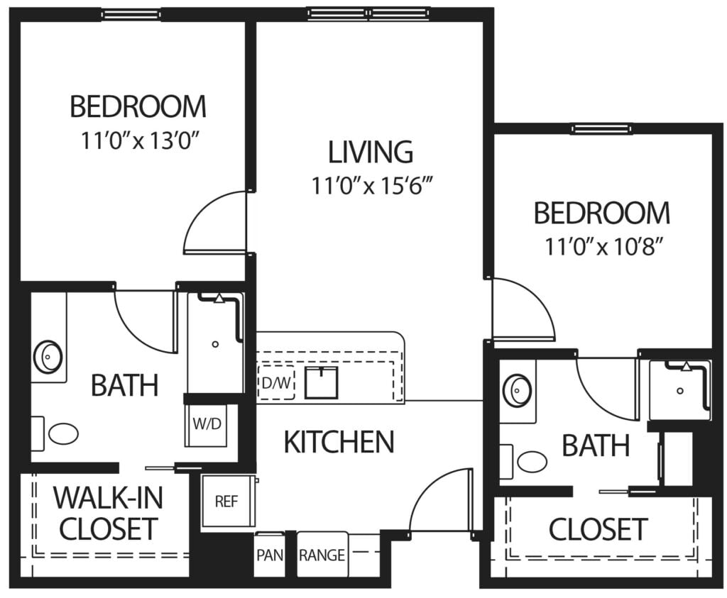 two-bedroom apartment with living room, two bathrooms and kitchen