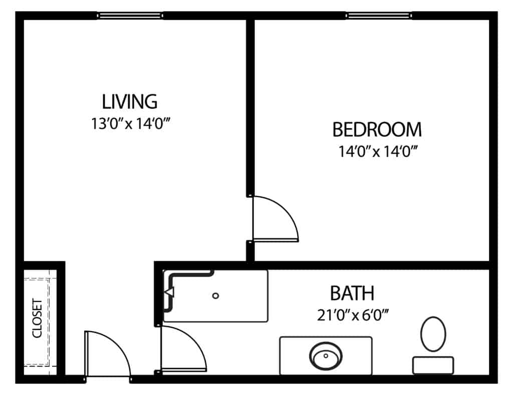 Assisted living one-bedroom apartment floor plan in Plymouth, Wisconsin.