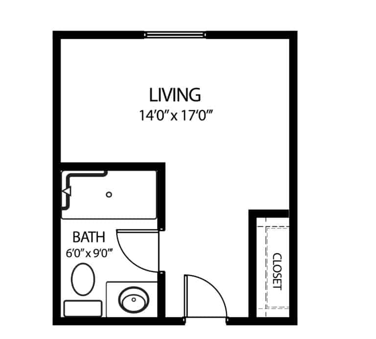 Assisted living studio apartment floor plan in Plymouth, Wisconsin.