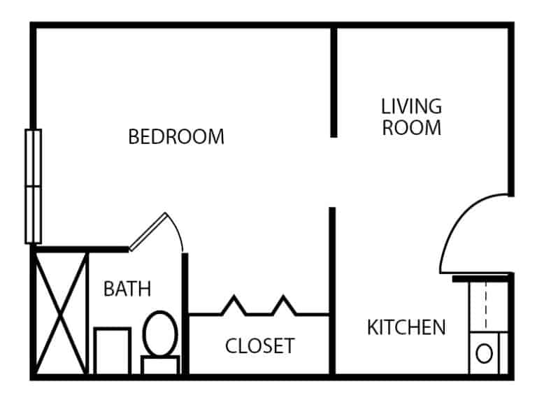 Assisted living one-bedroom apartment floor plan in College Station, Texas.