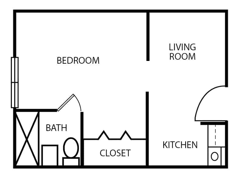 Assisted living one-bedroom apartment floor plan in College Station, Texas.
