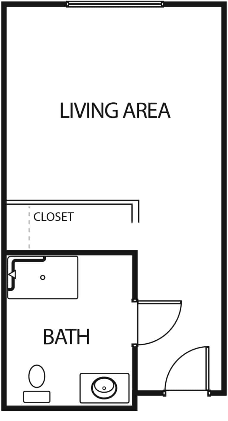 The Waterford at College Station's assisted living studio floor plan, showing a large living and sleeping area, closet and bathroom in College Station, Texas.