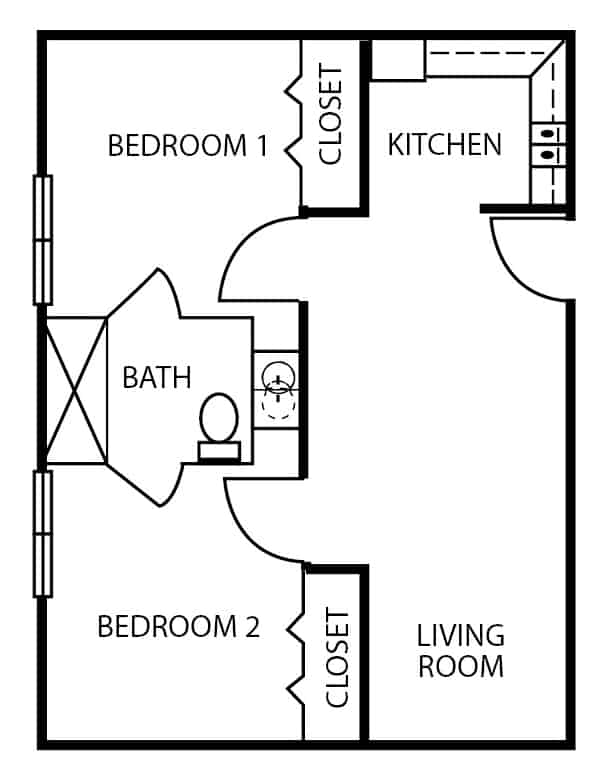 Assisted living two-bedroom, two-bathroom apartment floor plan in College Station, Texas.