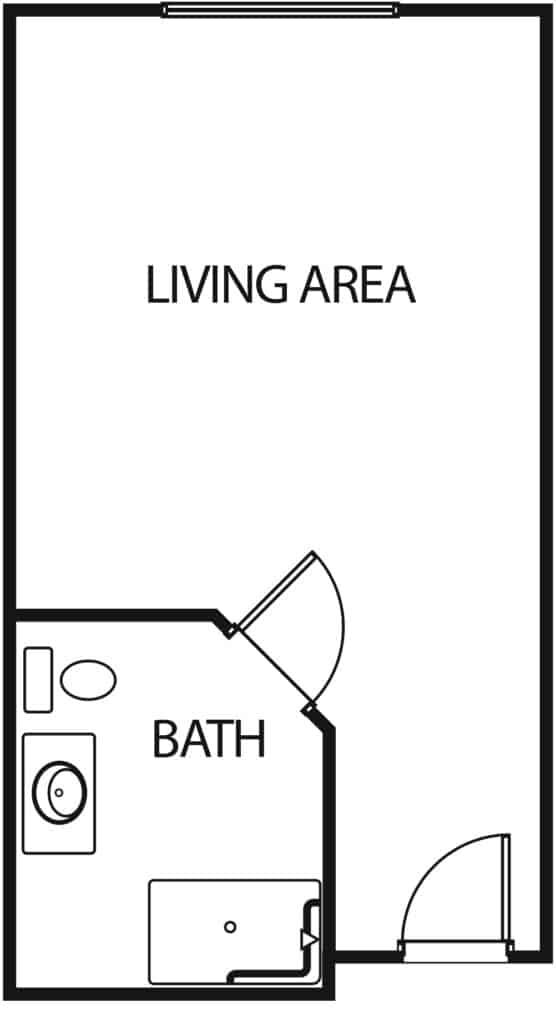 The Waterford at College Station's floor plan of their memory care studio apartment, complete with large living/sleeping area and bathroom in College Station, Texas.