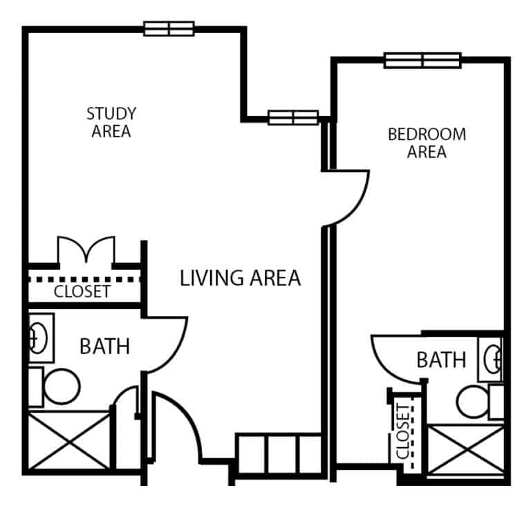 Assisted living one bedroom, two bathroom apartment floor plan in Arlington, Texas.