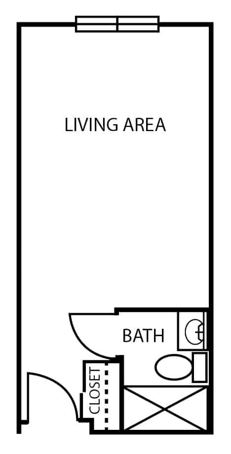 Assisted living studio apartment floor plan in Arlington, Texas.