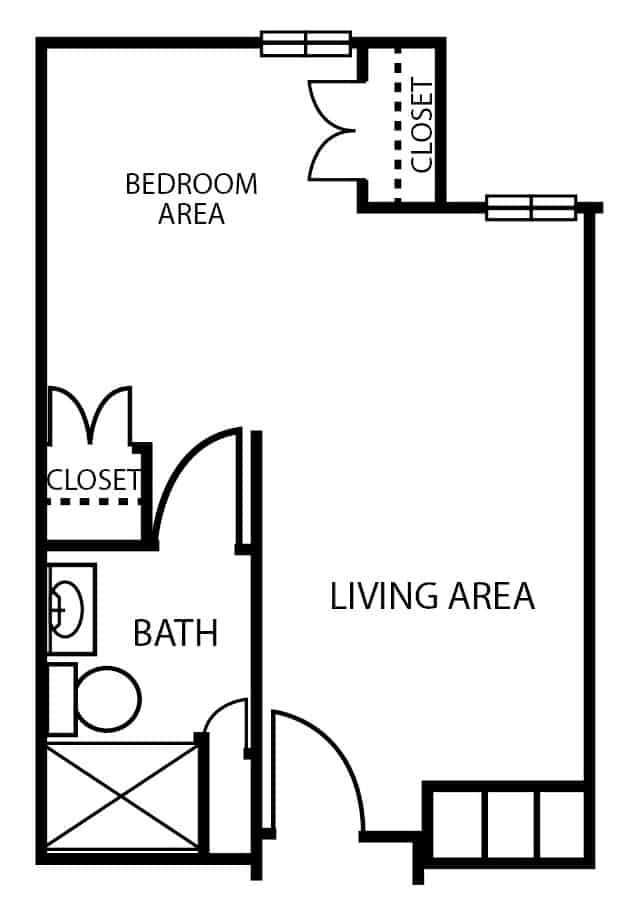 Assisted living studio deluxe apartment floor plan  in Arlington, Texas.