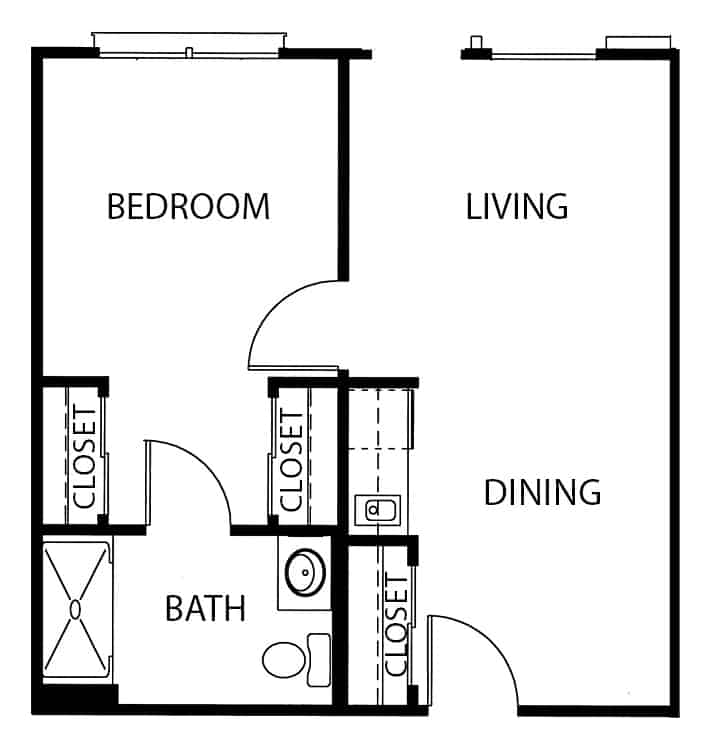 Independent living one-bedroom apartment floor plan in Fort Worth, Texas.