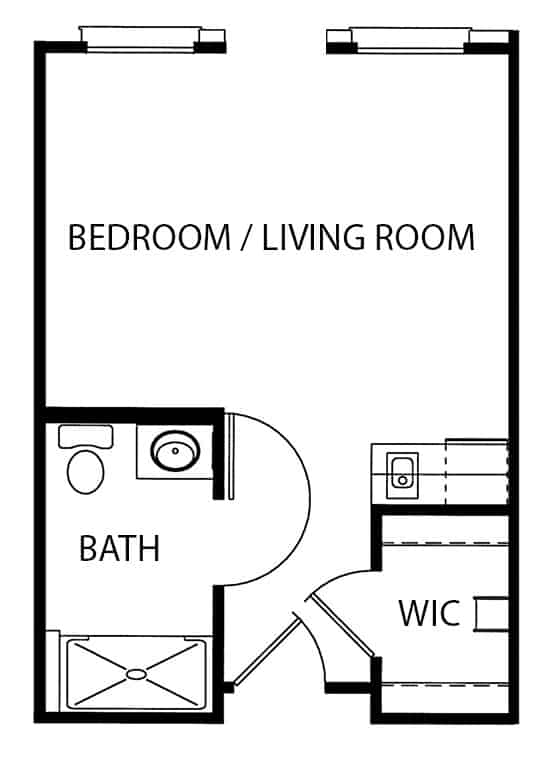 Independent living studio apartment floor plan in Fort Worth, Texas.