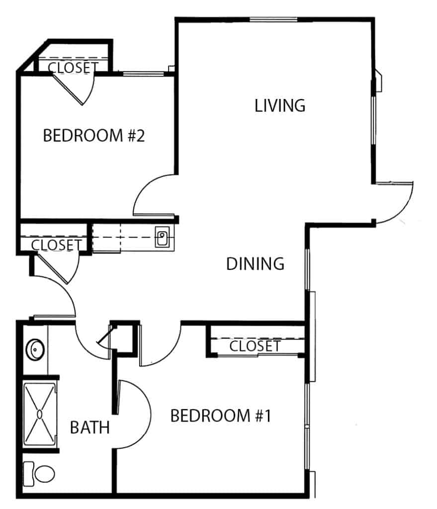 Independent living two-bedroom, two-bathroom apartment floor plan in Fort Worth, Texas.