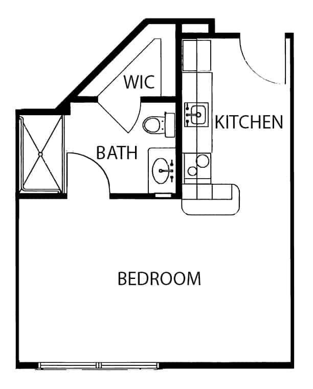 Independent living studio apartment floor plan in Ridgeland, Mississippi.