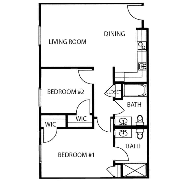 Independent living two-bedroom, two-bathroom apartment floor plan in Ridgeland, Mississippi.