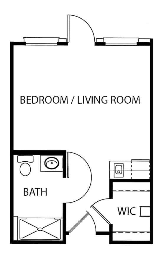 Independent living studio apartment floor plan in San Antonio, Texas.