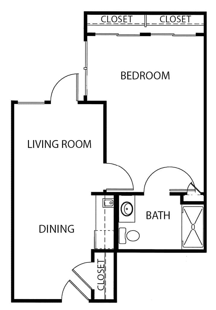 Independent living one-bedroom, one-bathroom apartment floor plan in San Antonio, Texas.