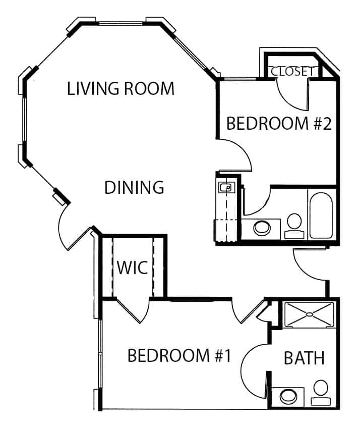 Independent living two-bedroom, two-bathroom apartment floor plan in San Antonio, Texas.