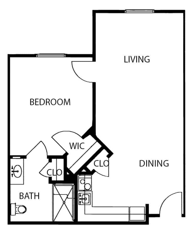 One-bedroom apartment floor plan in Springfield, Missouri.