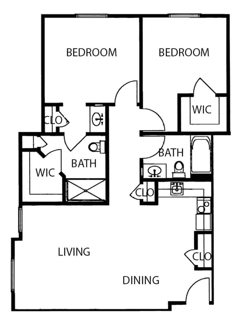 Two bedroom, two bath senior living floorplan in Springfield, Missouri.
