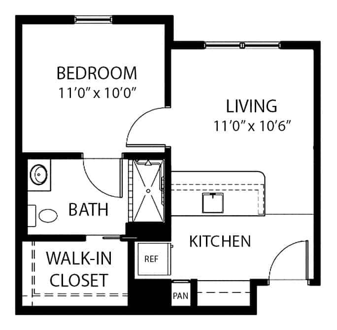 One bedroom assisted living floor plan in Perrysburg, Ohio.