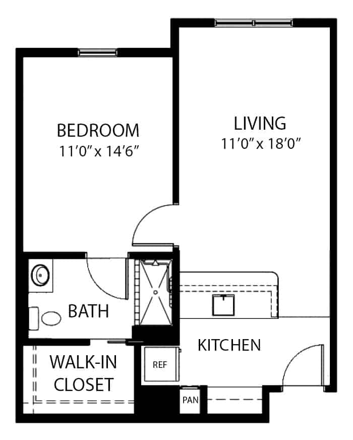 One-bedroom, one-bathroom assisted living floor plan in Perrysburg, Ohio.