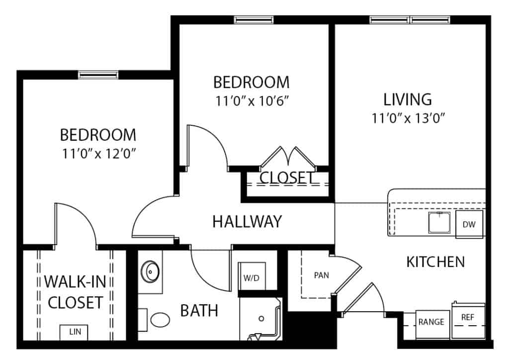 Two bedroom independent living apartment floor plan in Perrysburg, Ohio.