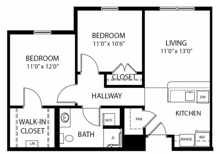 Two bedroom independent living apartment floor plan in Perrysburg, Ohio.