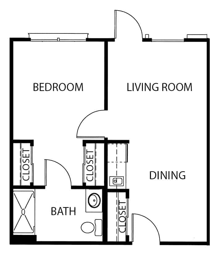 Independent living one bedroom floorplan with three closets in Mesquite, Texas.