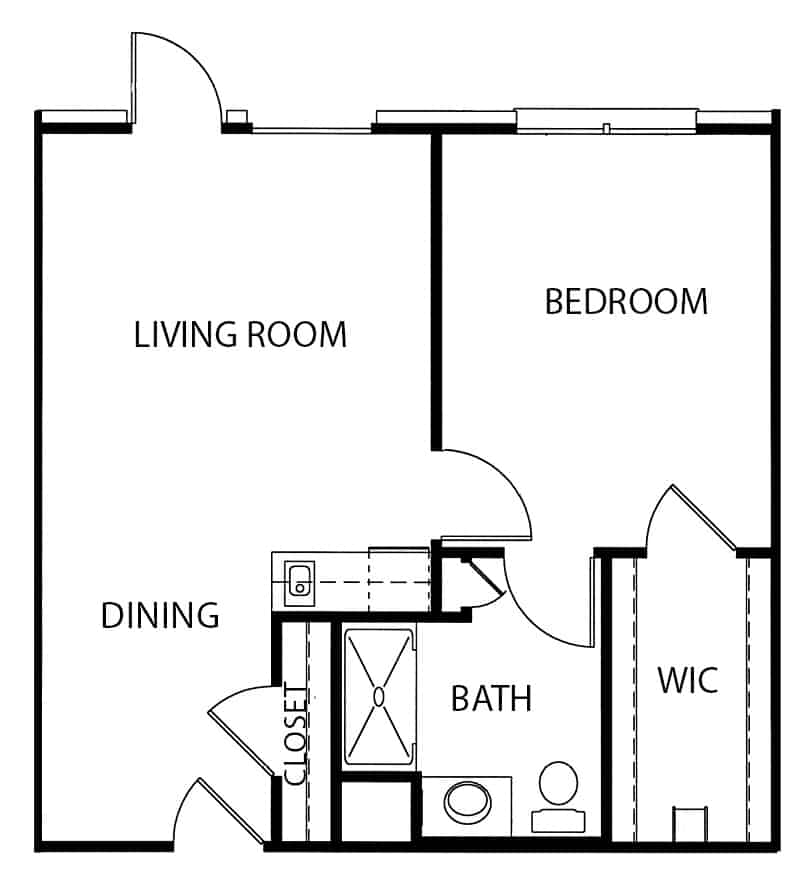 Independent living one-bedroom apartment floor plan with walk-in closet in Mesquite, Texas.