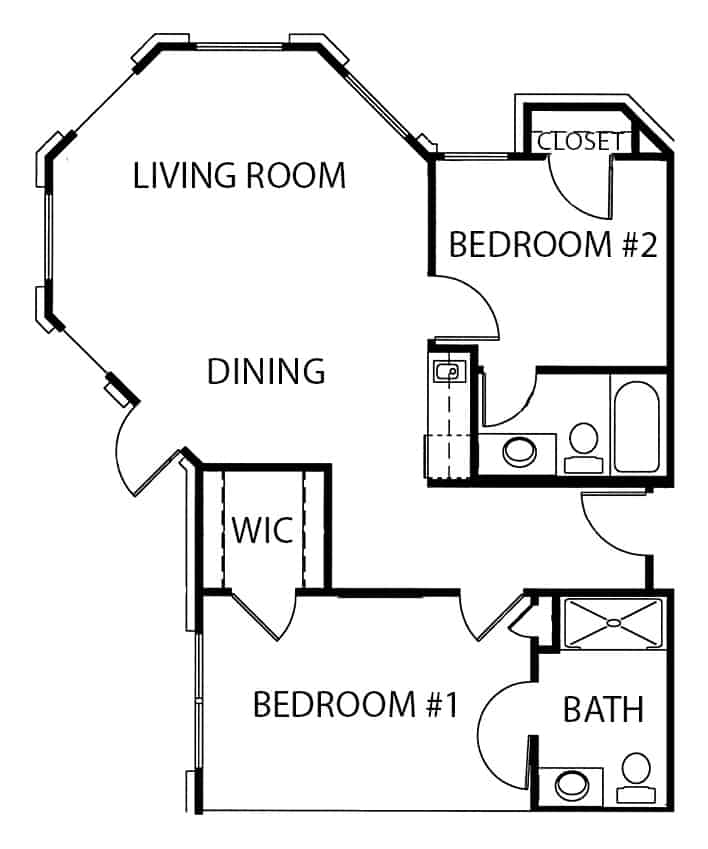 Independent living two-bedroom, two bathroom apartment floor plan in Mesquite, Texas.