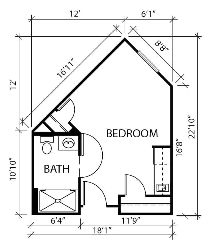 Assisted living studio apartment floor plan in Plano, Texas.
