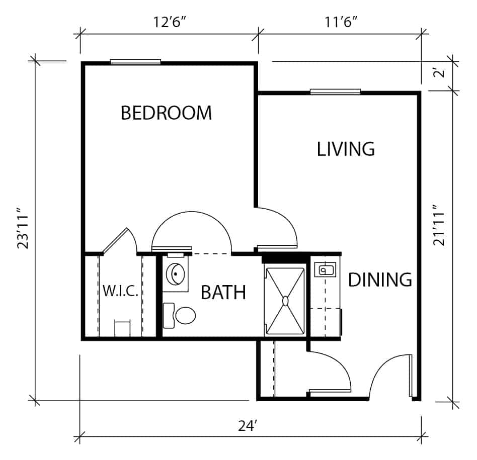 Assisted living one-bedroom apartment floor plan in Plano, Texas.