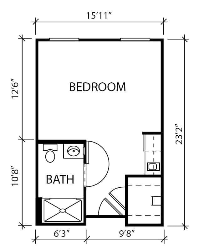 Independent living studio floorplan in Plano, Texas.
