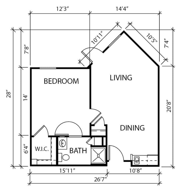Independent living one-bedroom with patio apartment floor plan in Plano, Texas.