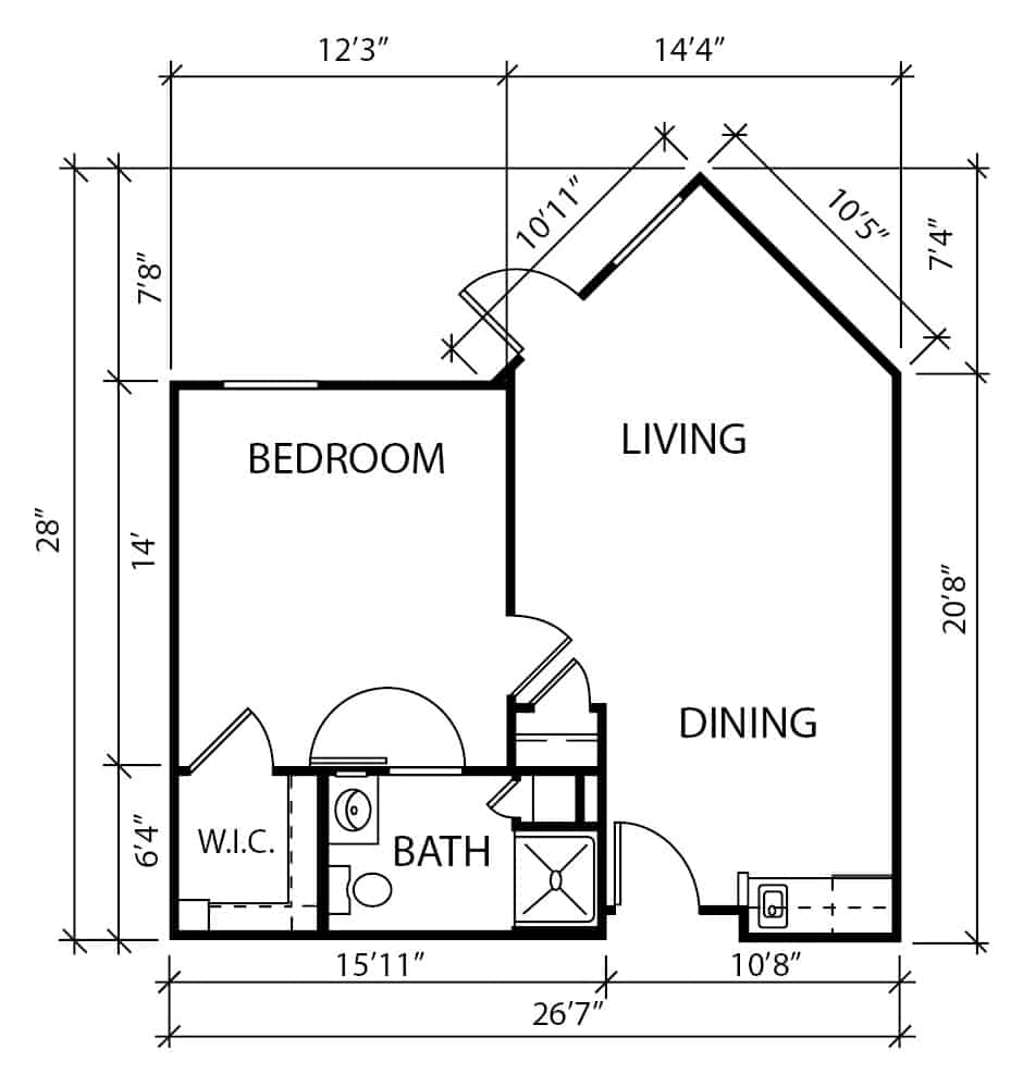 Independent living one-bedroom with patio apartment floor plan in Plano, Texas.